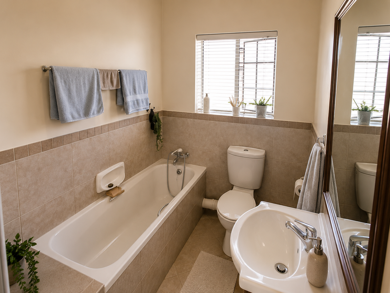 A functional bathroom featuring a bathtub with shower mixer, pedestal sink, and toilet, finished with neutral wall tiles and a window for natural light.