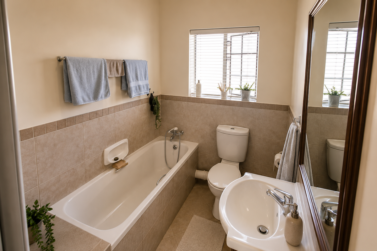 A functional bathroom featuring a bathtub with shower mixer, pedestal sink, and toilet, finished with neutral wall tiles and a window for natural light.