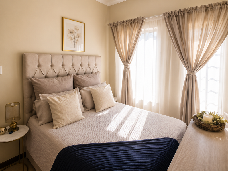 A well-lit, neutrally decorated bedroom featuring soft beige tones, elegant window treatments, and a comfortable sleeping area.