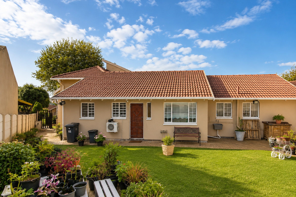 Rear view of the house featuring a tiled roof, paved patio area, and a well-maintained lawn with established garden borders.