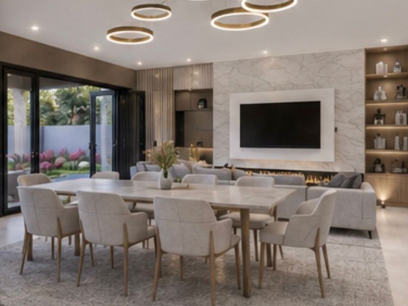 A modern open-plan living and dining area featuring a sleek built-in fireplace, marble-look feature wall, custom shelving, and seamless access to the outdoor patio.