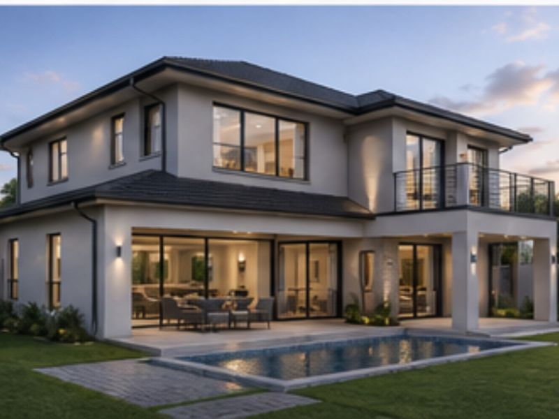 A modern two-story residential property featuring a rear covered patio, a swimming pool, and an upper-level balcony with glass railings.