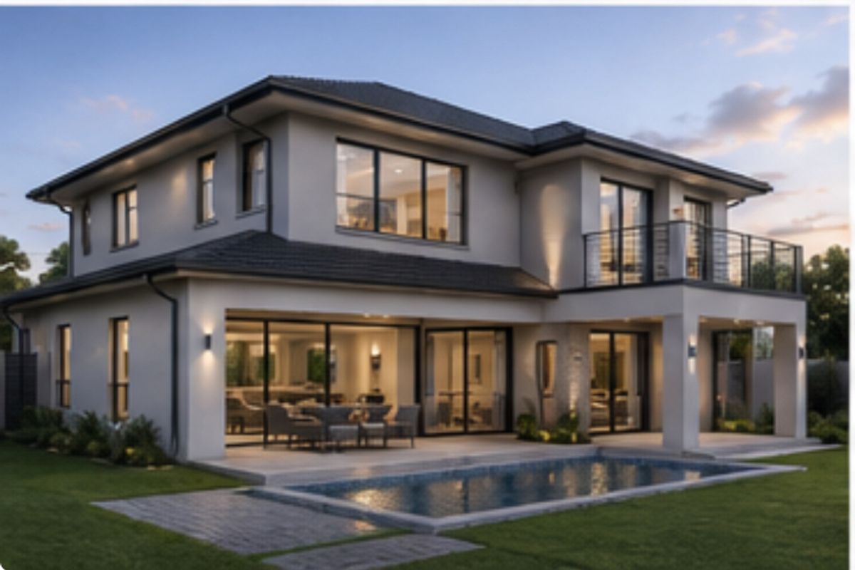 A modern two-story residential property featuring a rear covered patio, a swimming pool, and an upper-level balcony with glass railings.