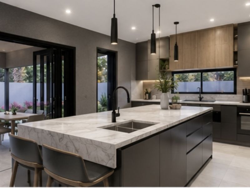 Modern open-plan kitchen featuring a large marble-topped island, sleek dark cabinetry, built-in oven, and seamless access to the outdoor patio area.