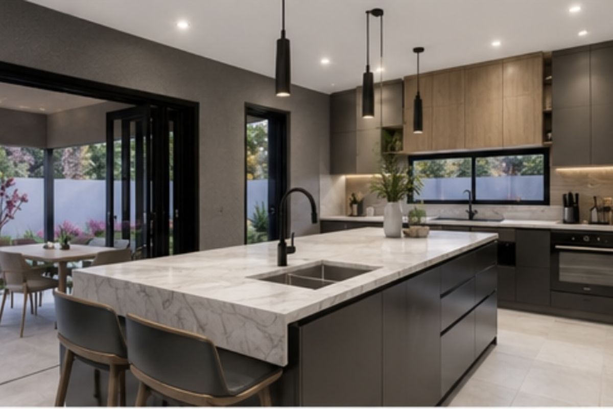 Modern open-plan kitchen featuring a large marble-topped island, sleek dark cabinetry, built-in oven, and seamless access to the outdoor patio area.