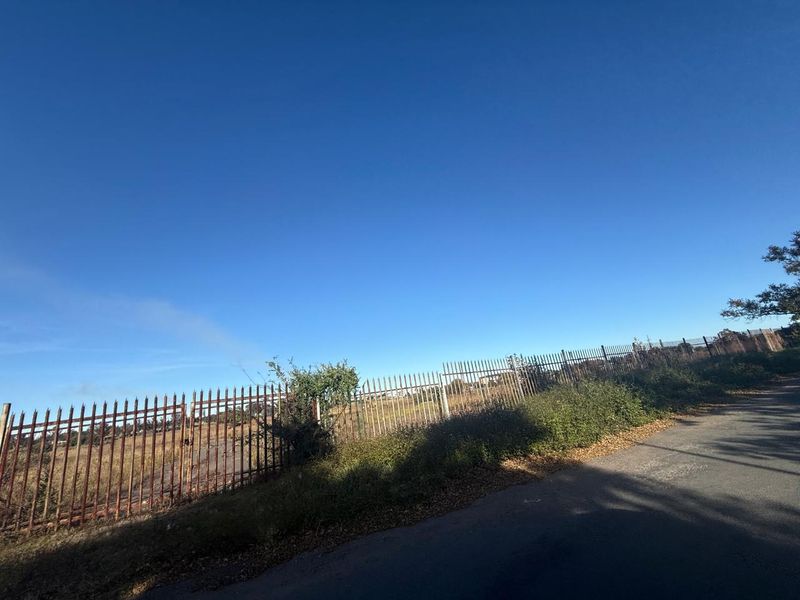 A street-level view of a vacant plot featuring weathered metal security fencing and overgrown perimeter vegetation along the roadside.