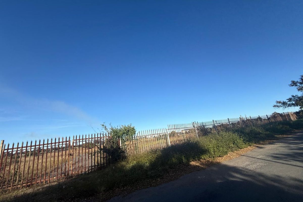 A street-level view of a vacant plot featuring weathered metal security fencing and overgrown perimeter vegetation along the roadside.
