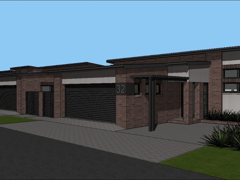 A digital architectural rendering of a modern brick townhouse complex featuring private garages and paved driveways.