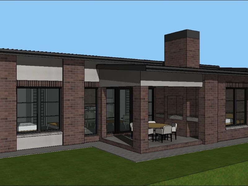 A 3D architectural render of the rear exterior of a brick house, featuring a covered patio area and a private garden.