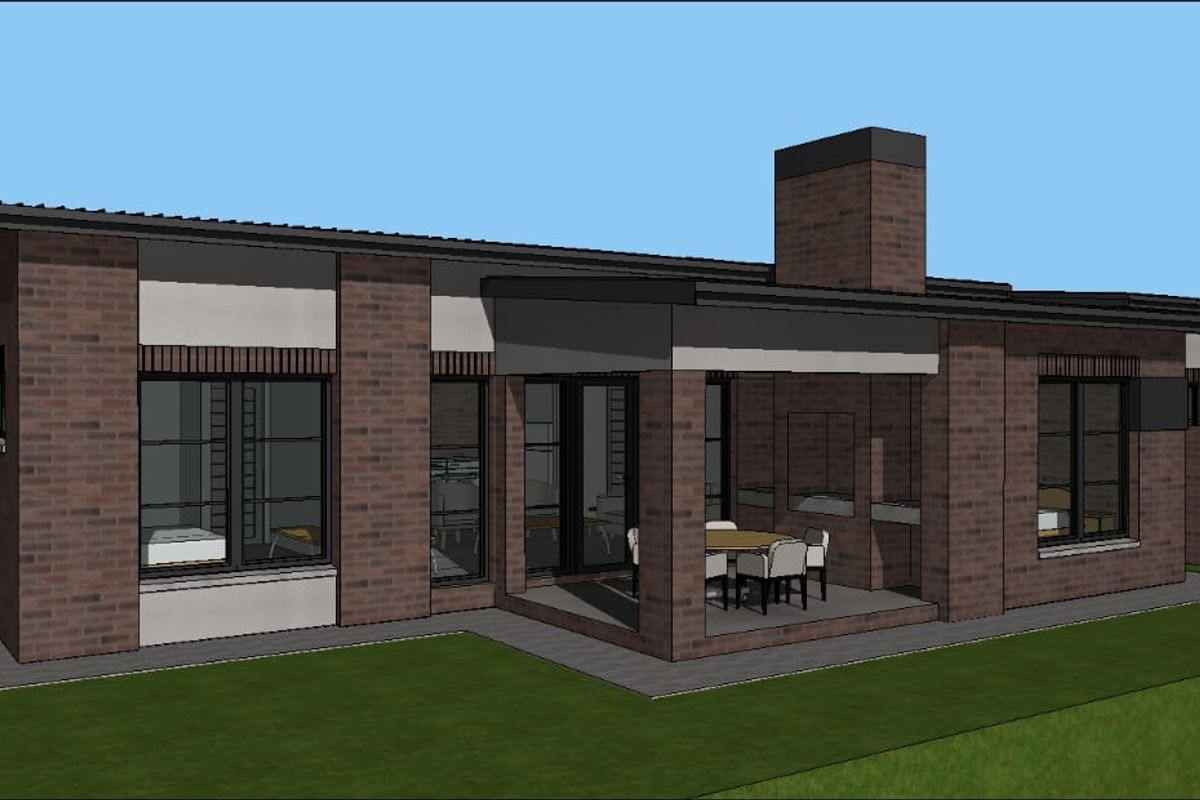 A 3D architectural render of the rear exterior of a brick house, featuring a covered patio area and a private garden.