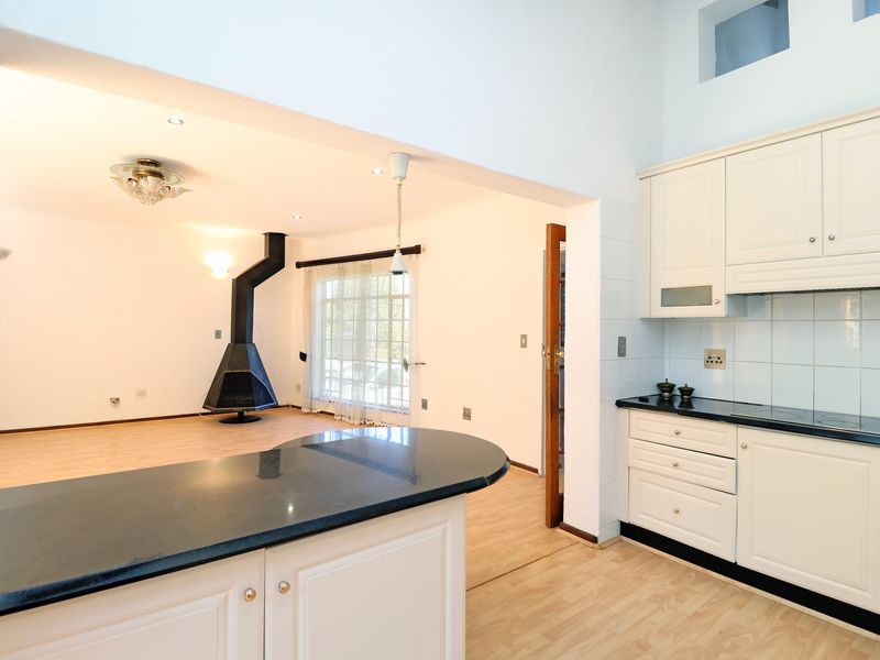 Open-plan kitchen and living area featuring a central island, built-in cabinetry, and a freestanding fireplace, creating a functional and connected living space.