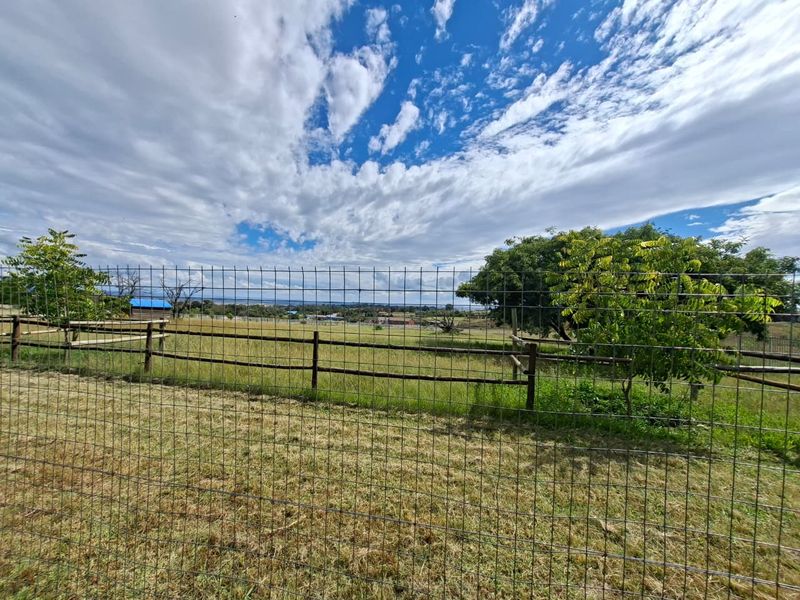 A view of a vacant residential plot featuring wire mesh and timber post fencing with established trees and open grassy terrain.