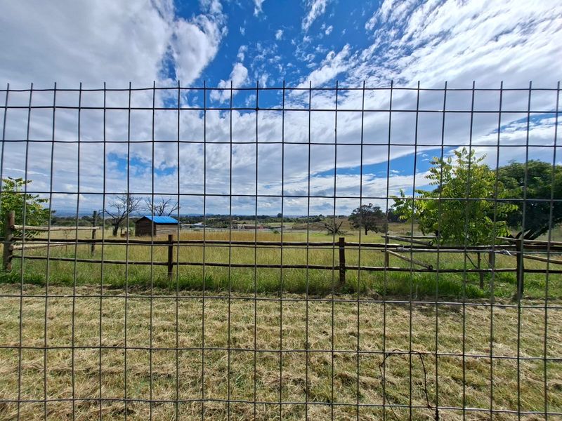 A view of a vacant residential plot featuring wire mesh and wooden fencing with a small shed in the distance.