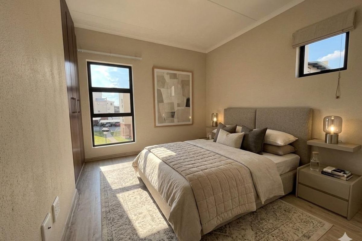 A well-lit, modern bedroom featuring laminate flooring, built-in cupboards, and aluminium window frames, offering a clean and contemporary living space.
