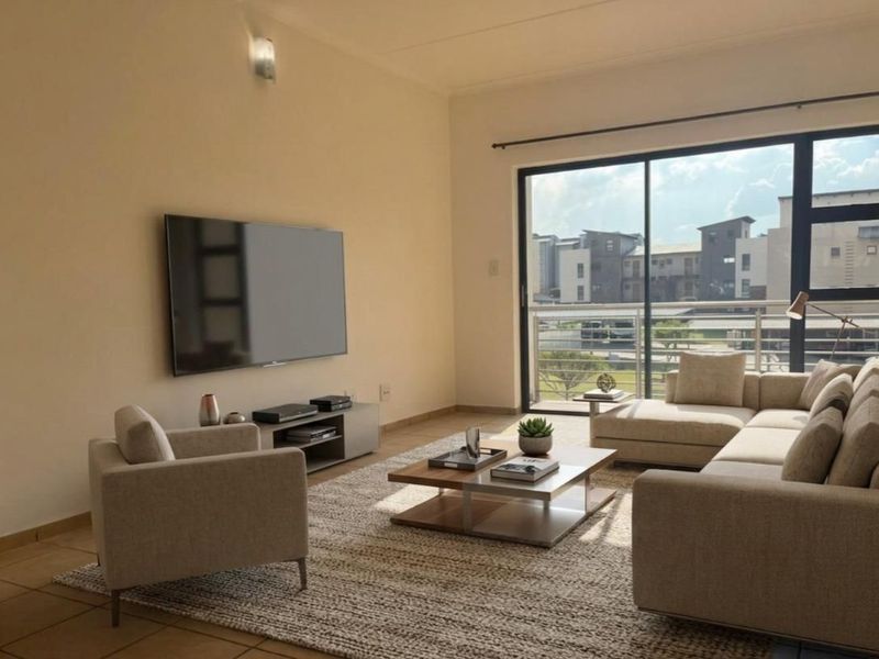 A bright and spacious living room featuring large sliding glass doors that open onto a balcony, providing ample natural light and neighborhood views.
