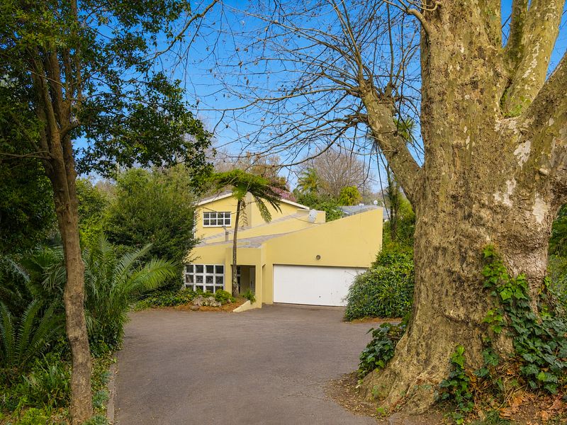 Front view of a yellow house featuring a double garage, asphalt driveway, and mature garden surroundings.