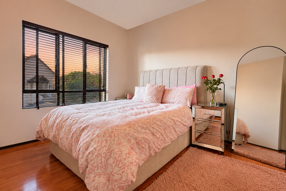 A well-maintained bedroom featuring warm timber flooring and large windows fitted with venetian blinds, offering a bright and comfortable living space.