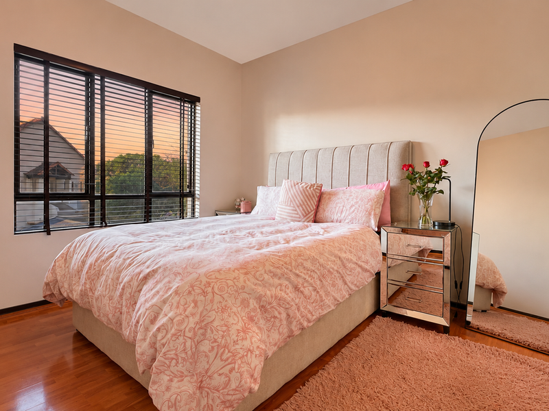 A well-maintained bedroom featuring warm timber flooring and large windows fitted with venetian blinds, offering a bright and comfortable living space.