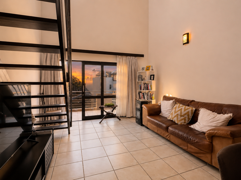 A spacious living room featuring high ceilings, tiled flooring, and a modern staircase leading to an upper level, with access to a balcony.