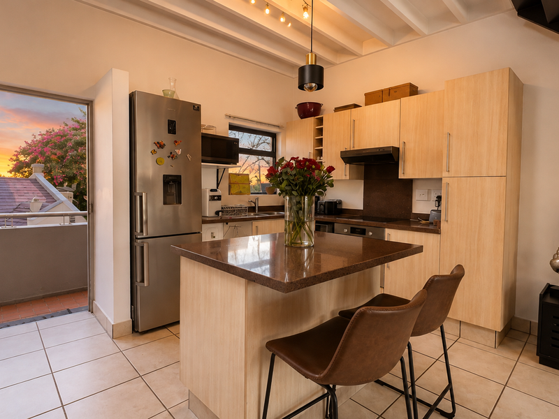 Modern open-plan kitchen featuring light wood cabinetry, stone countertops, a central island, and direct access to a private balcony with sunset views.