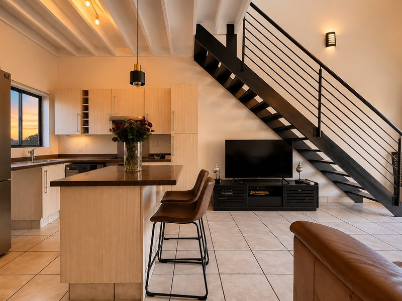 Modern open-plan apartment featuring a contemporary kitchen with island, tiled flooring, exposed ceiling beams, and a striking staircase leading to the upper level.