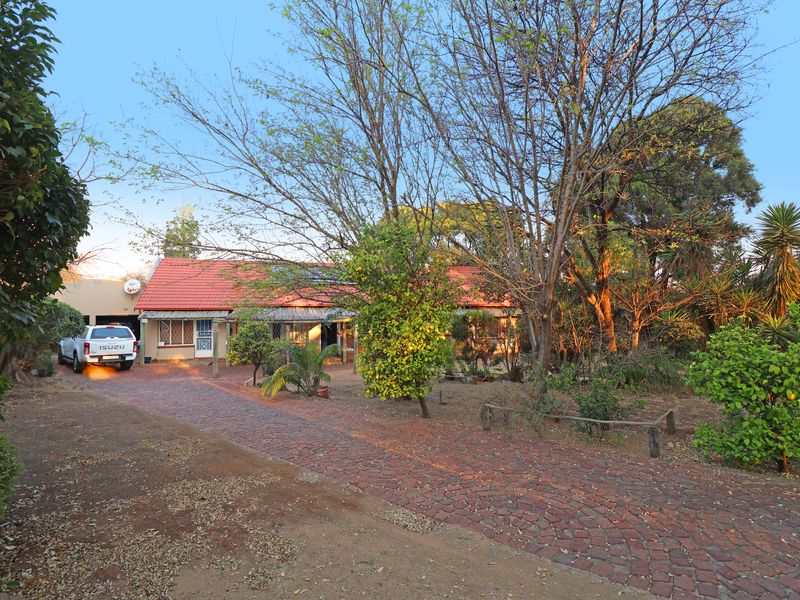 Front view of a single-story house featuring a brick-paved driveway, a tiled roof, and a mature garden setting.