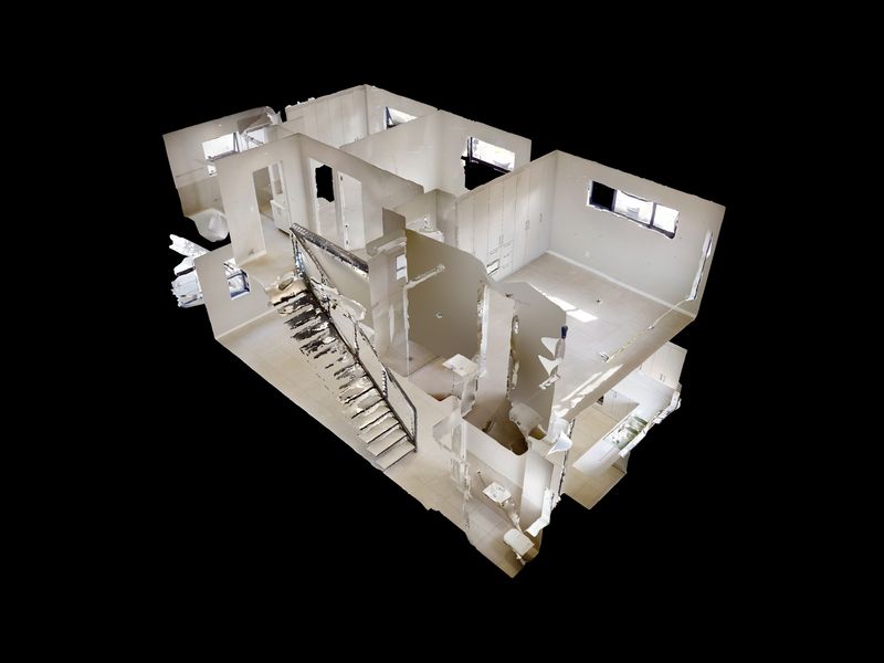 A 3D digital scan and floor plan layout of the townhouse interior, showing the spatial arrangement of rooms and staircase.