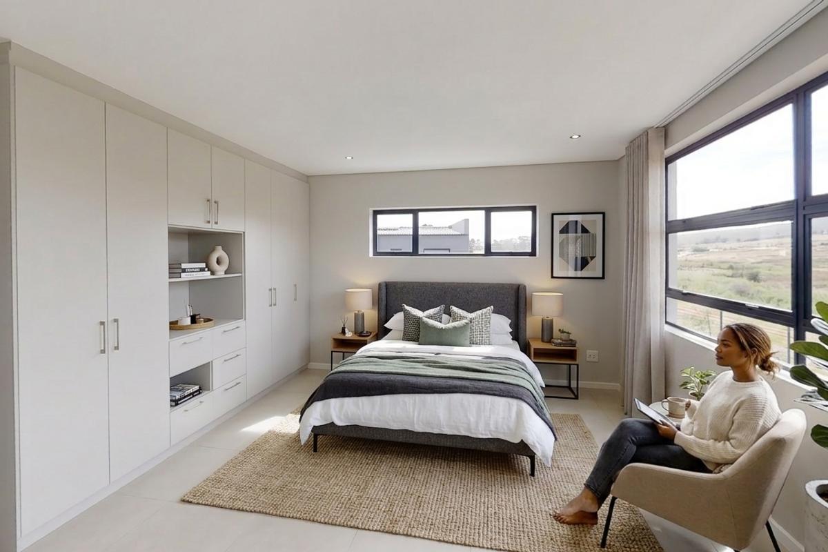 A modern, well-lit bedroom featuring extensive built-in cabinetry, large windows with natural light, and neutral tiled flooring.