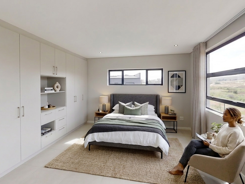 A modern, well-lit bedroom featuring extensive built-in cabinetry, large windows with natural light, and neutral tiled flooring.