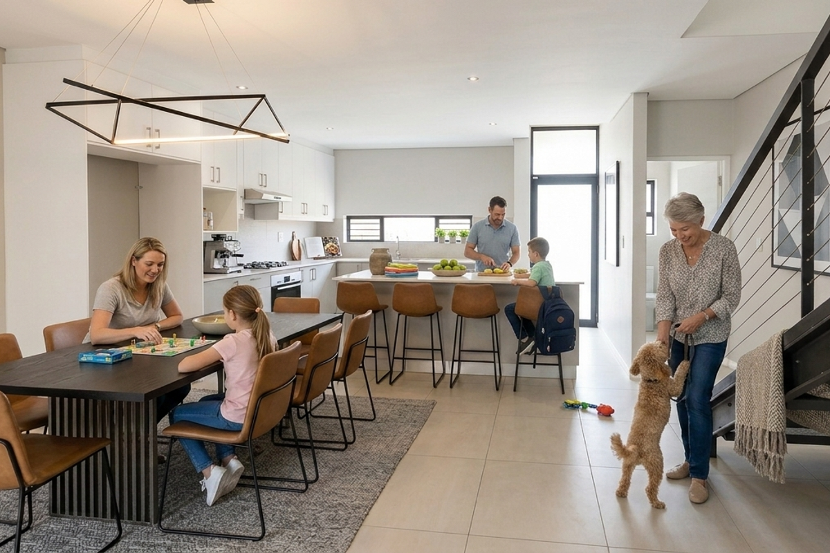 Modern open-plan living and kitchen area featuring sleek cabinetry, a central island, and a contemporary staircase with metal railings.