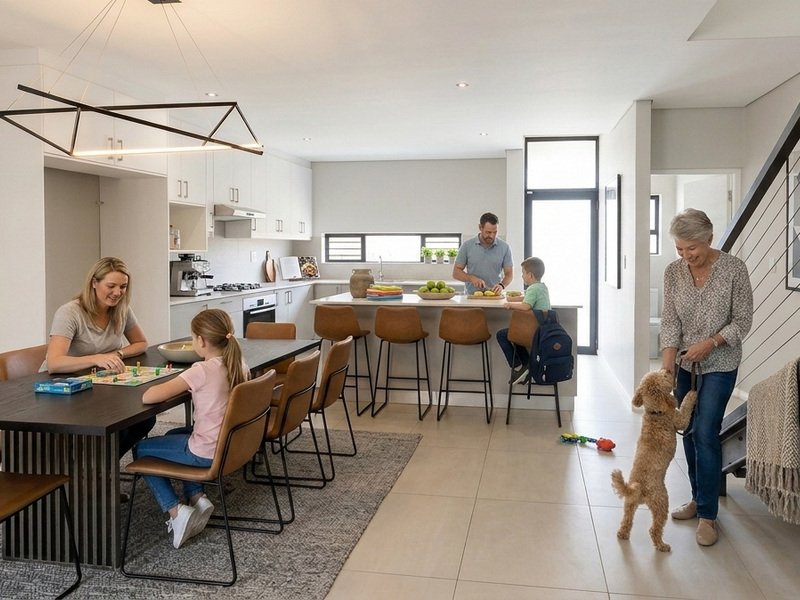Modern open-plan living and kitchen area featuring sleek cabinetry, a central island, and a contemporary staircase with metal railings.