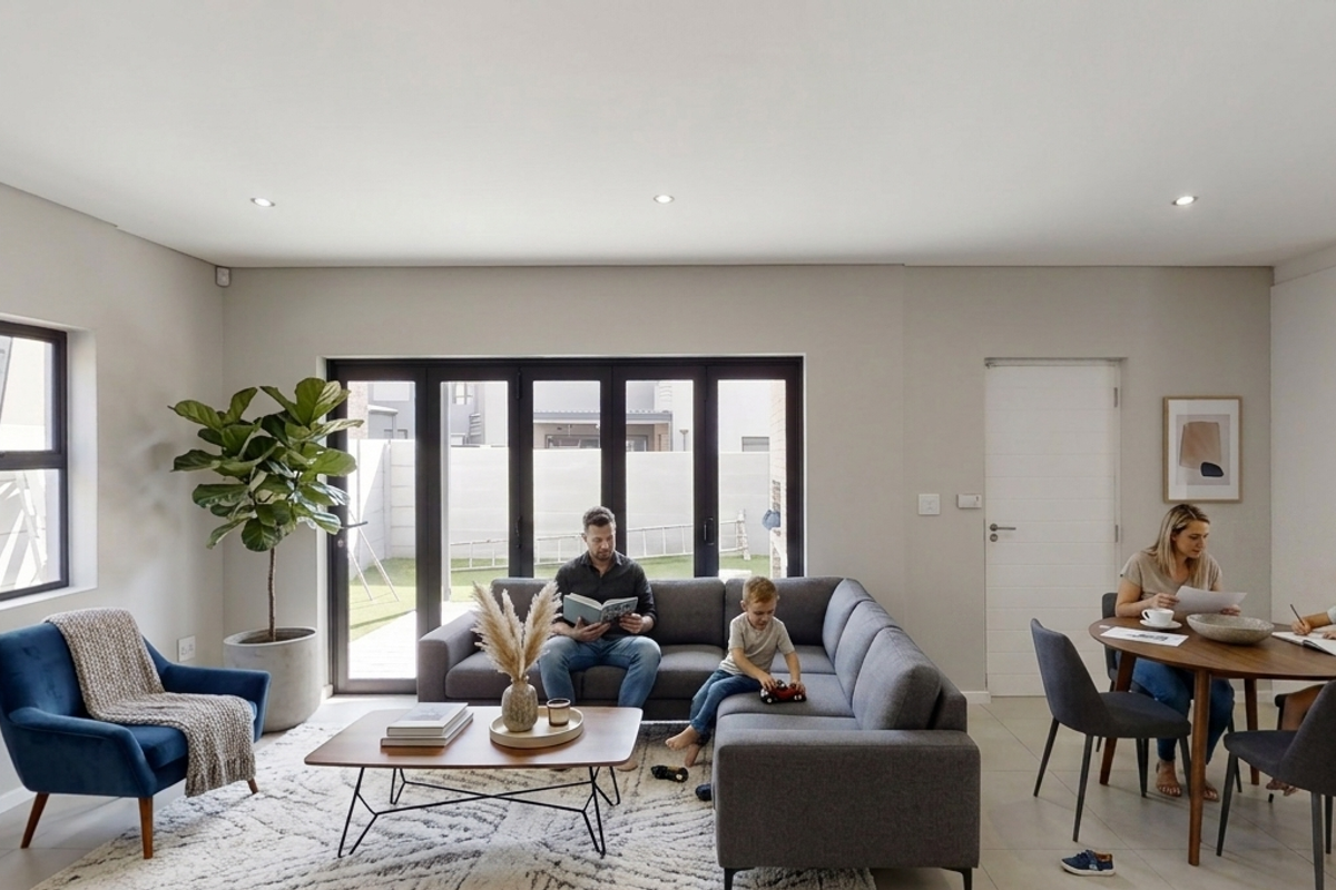 Spacious open-plan living and dining area featuring modern tiled floors, recessed lighting, and large bifold doors providing seamless access to the rear outdoor space.