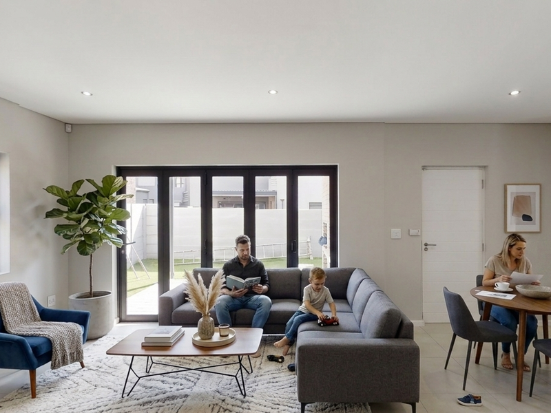 Spacious open-plan living and dining area featuring modern tiled floors, recessed lighting, and large bifold doors providing seamless access to the rear outdoor space.