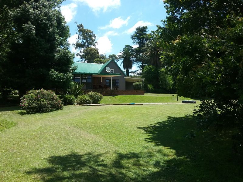 A view of the rear elevation of the farmhouse, featuring a green metal roof, covered patio area, and expansive surrounding garden.