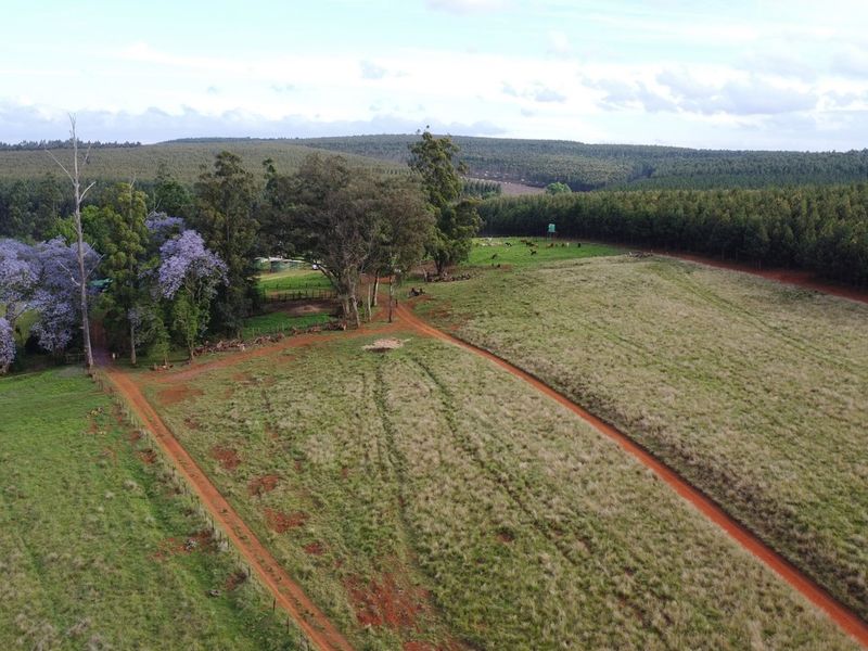 An aerial view of the expansive farm property, featuring open grazing fields, dirt access tracks, and established tree lines.