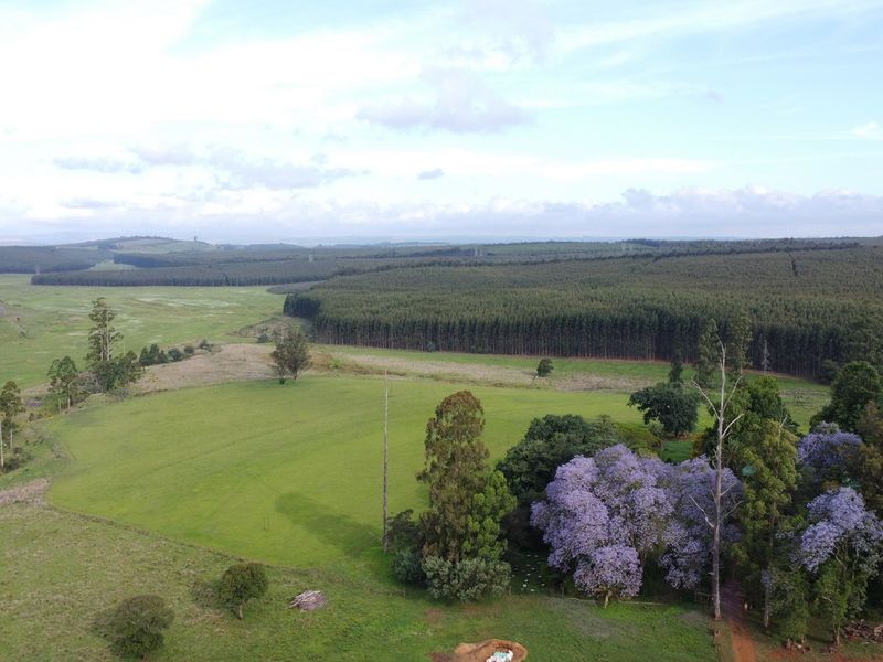 An expansive aerial view of the farm property, showcasing lush green pastures, mature trees, and surrounding forestry.