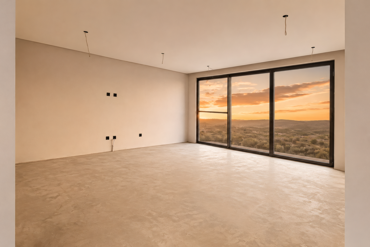 A spacious, unfinished living area featuring large sliding glass doors with scenic sunset views and exposed electrical wiring for lighting.