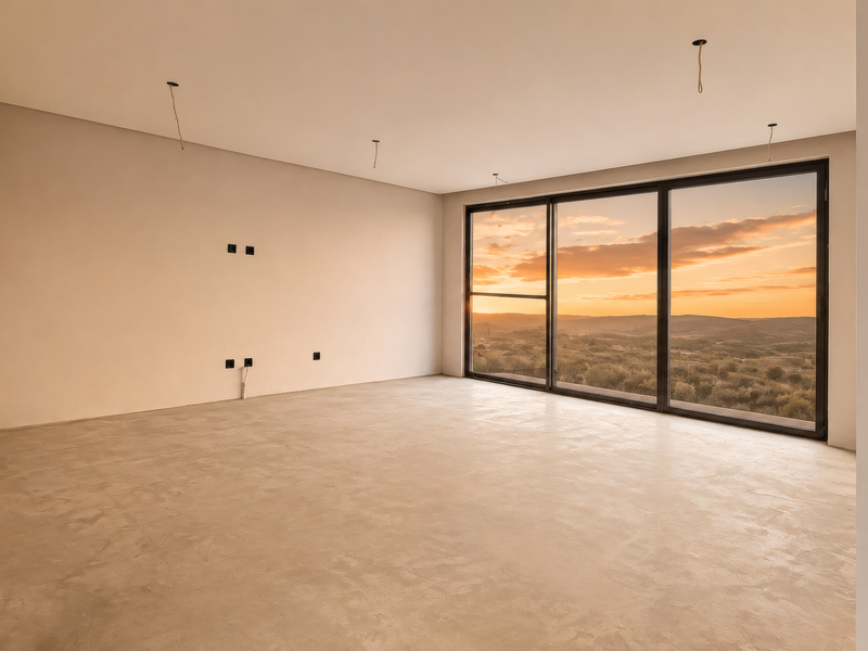 A spacious, unfinished living area featuring large sliding glass doors with scenic sunset views and exposed electrical wiring for lighting.