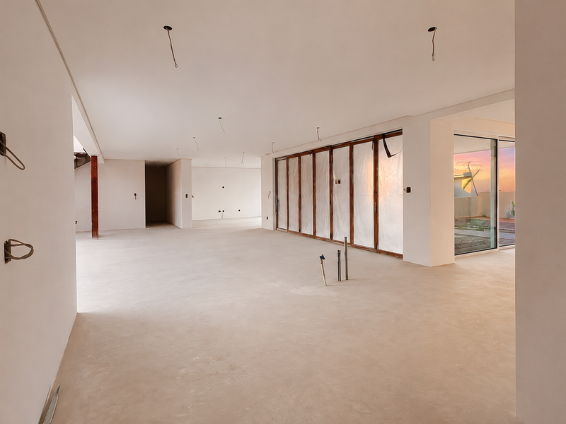 Spacious open-plan living area in a construction phase, featuring large sliding glass doors, concrete floors, and exposed electrical and plumbing infrastructure.