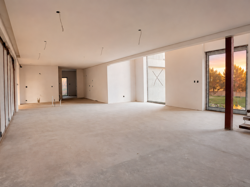 Spacious open-plan living area in a shell state, featuring a modern floating staircase, large windows, and exposed structural elements ready for final finishes.