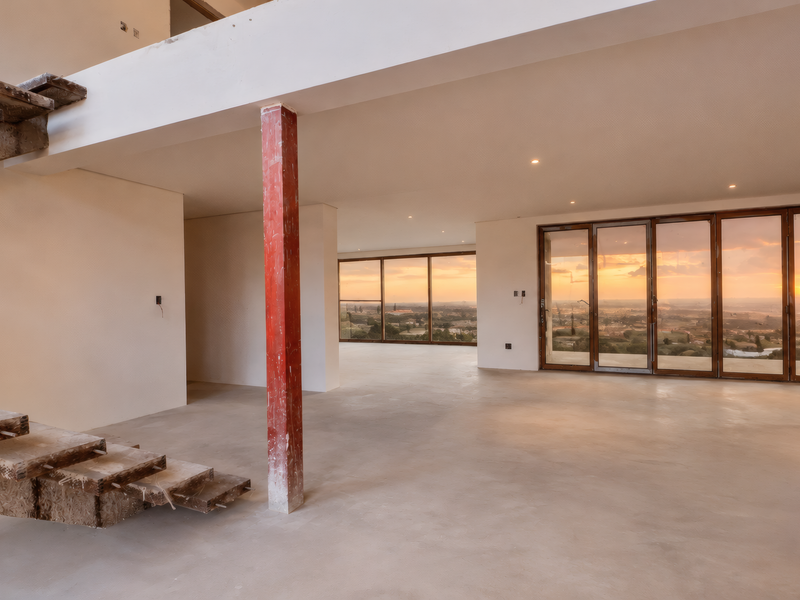 Spacious open-plan living area in shell condition featuring a concrete staircase, exposed steel column, and expansive glass doors with panoramic sunset views.