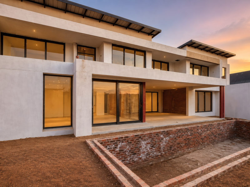 Modern rear elevation featuring a covered patio, large sliding glass doors, and an unfinished brick swimming pool structure in a landscaped garden setting.