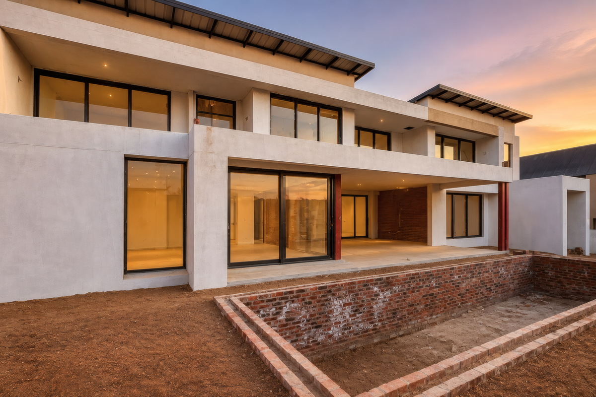 Modern rear elevation featuring a covered patio, large sliding glass doors, and an unfinished brick swimming pool structure in a landscaped garden setting.