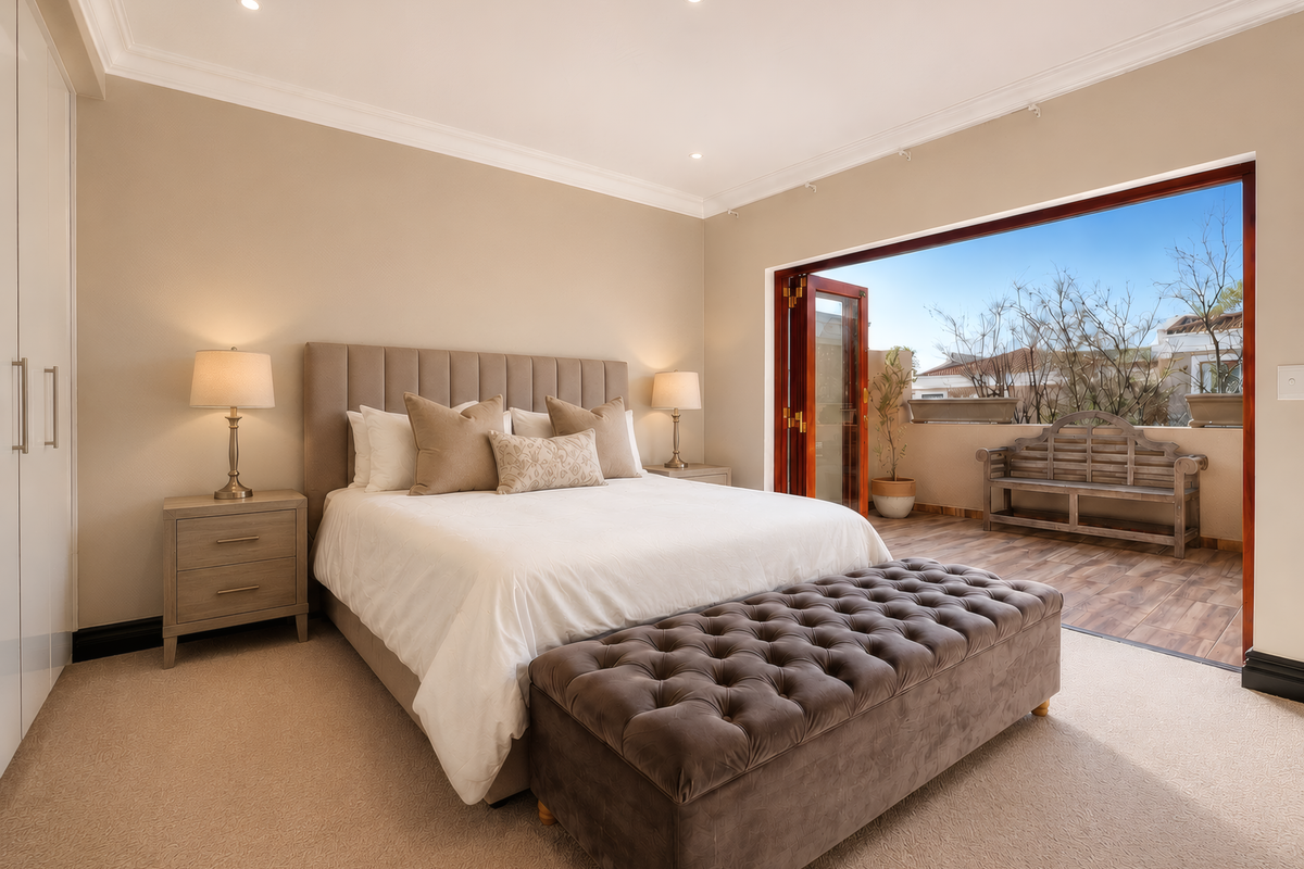 Spacious bedroom featuring neutral carpeting, built-in cupboards, recessed lighting, and large wooden folding doors opening onto a private balcony.