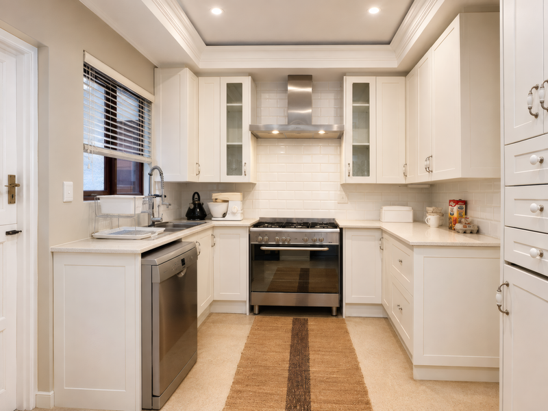 A well-maintained kitchen featuring white shaker-style cabinetry, stone countertops, subway tile backsplash, and integrated stainless steel appliances.