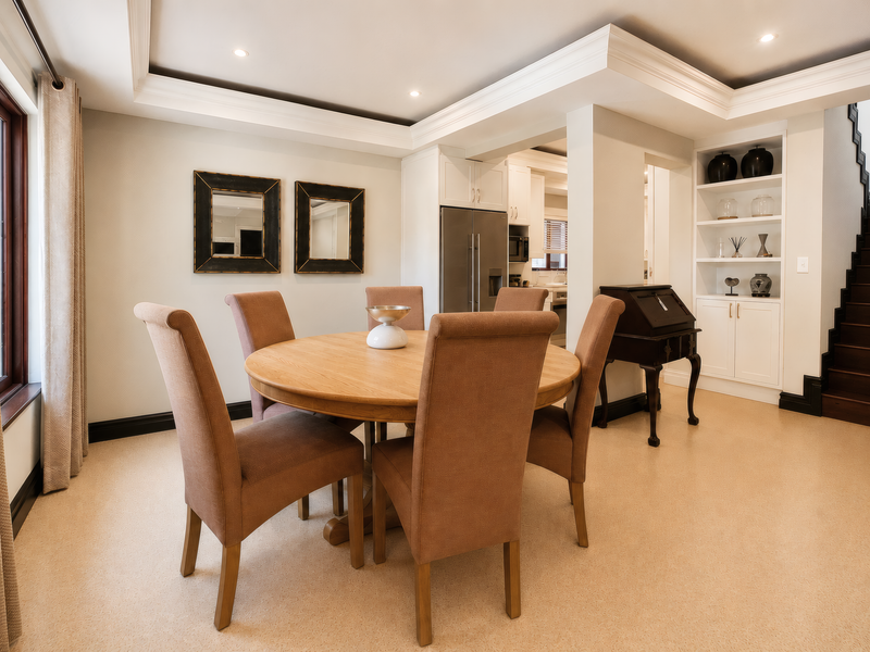 An open-plan dining area featuring recessed ceiling lighting, crown molding, and built-in cabinetry with shelving, adjacent to a kitchen and staircase.