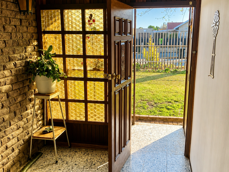 An inviting entryway featuring classic terrazzo flooring, exposed brickwork, and a warm timber-paneled ceiling, opening directly onto a sunny garden area.
