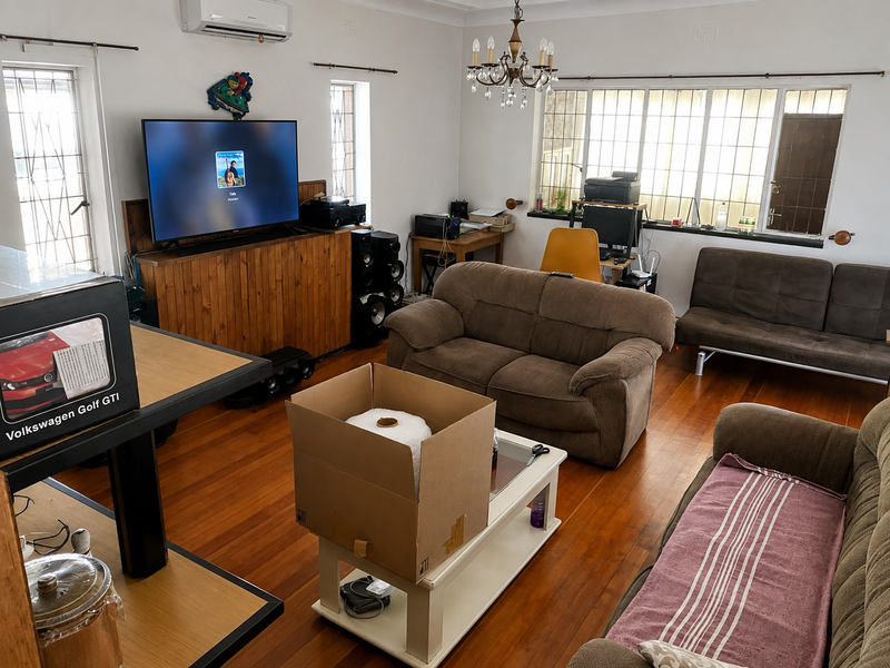 A spacious living room featuring polished hardwood flooring, a split-system air conditioner, and large windows with security bars.