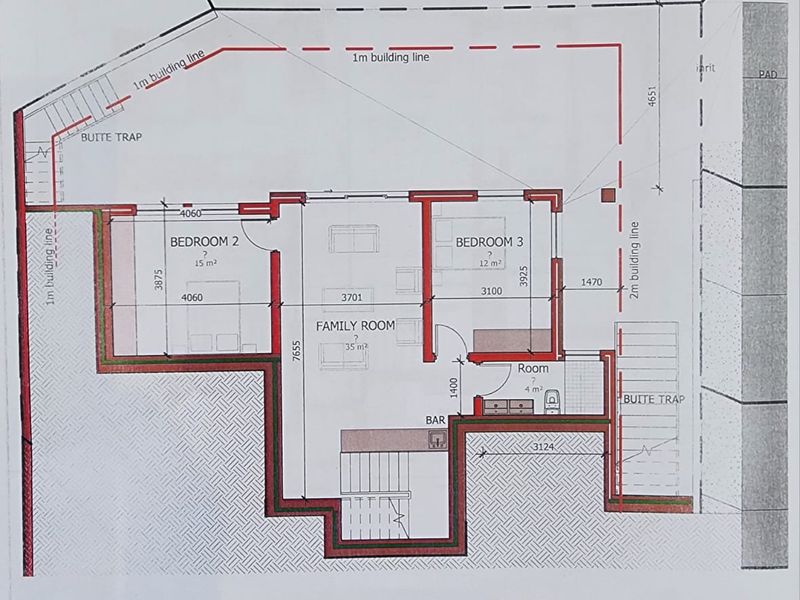 A detailed architectural floor plan showing the layout of the family room, bedrooms, bar area, and staircase.