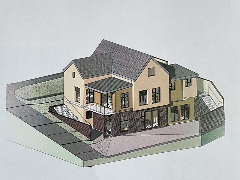 An architectural 3D rendering showing the exterior design, roof structure, and layout of the proposed house.